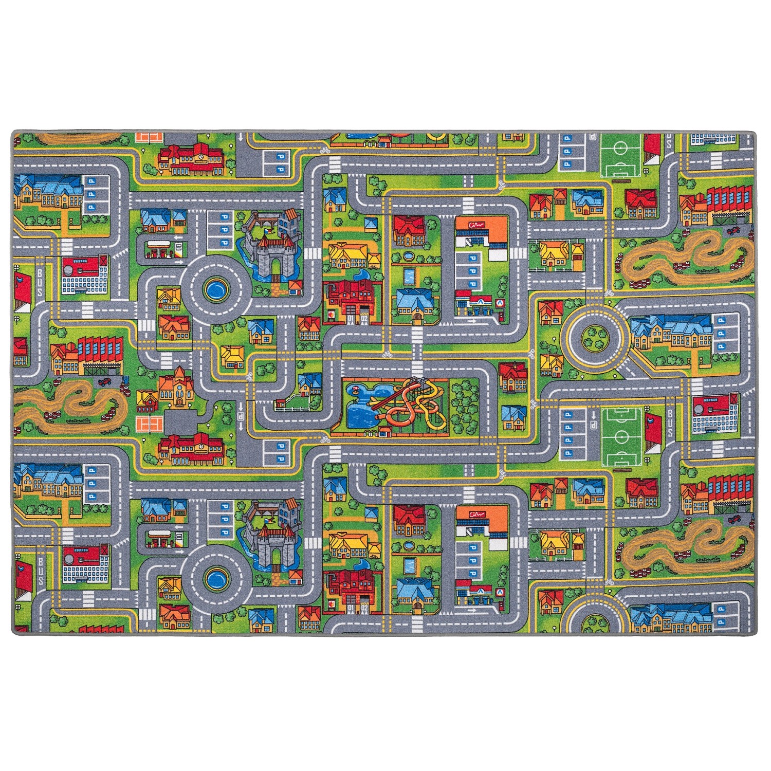 Snapstyle Kinderteppich mit Straßenmuster in Grau und Grün, 80x160 cm.