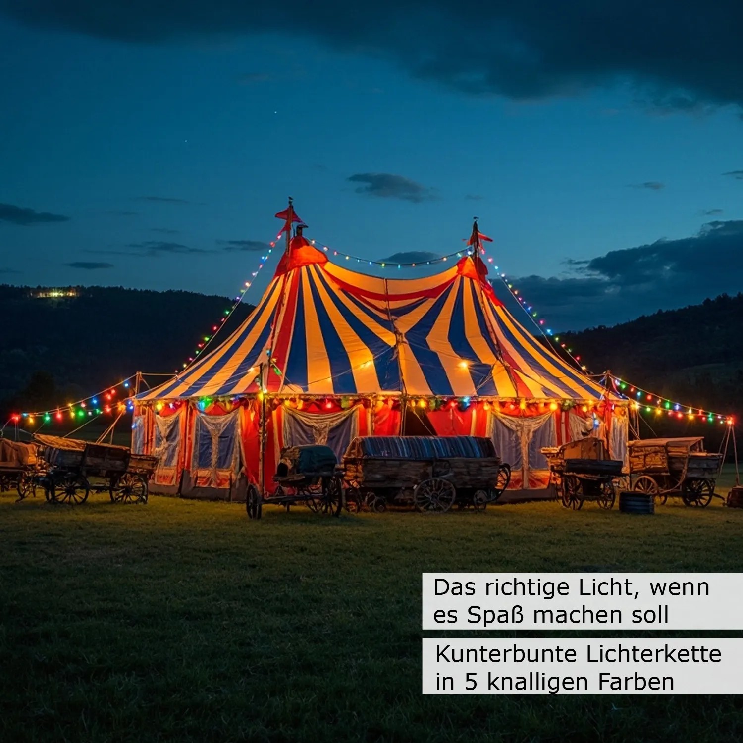 Bunte LED Partylichterkette mit 10 farbigen Kugellampen beleuchtet ein Zirkuszelt bei Nacht. Ideal für Außen, Biergarten & Feste.