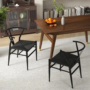 Costway 2er Set Esszimmerstühle, schwarz, mit Y-förmiger Rückenlehne und geflochtenem Sitz.