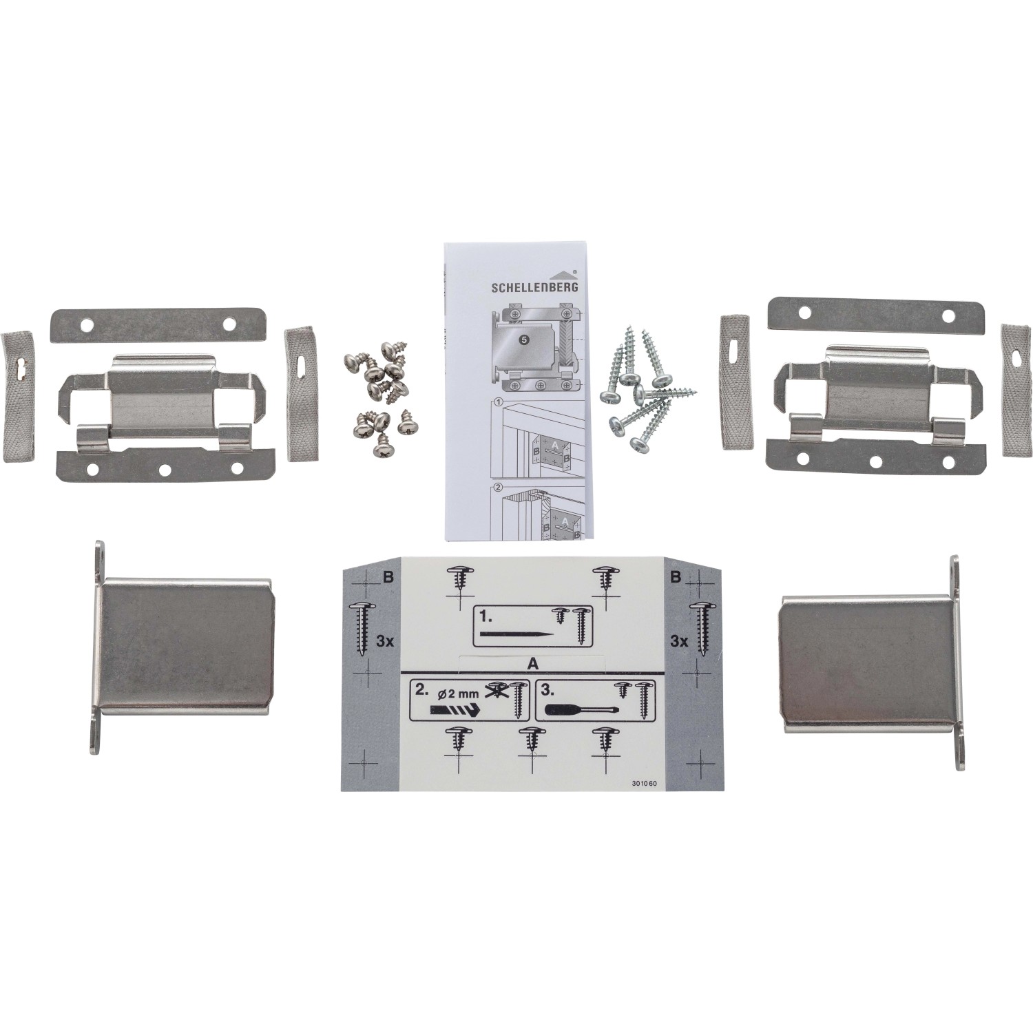 Schellenberg Automatik Rollladensicherung Maxi Set mit Montageanleitung, Schrauben und Halterungen.