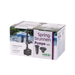 Verpackung der Velda Super Fountain Pump 400 Teichpumpe mit Wasserglocke und Sprühkopf.