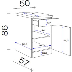 Skizze: Flex-Well Unterschrank Orlando, 50 cm, Kaschmir/Sonoma Eiche, mit Maßen.