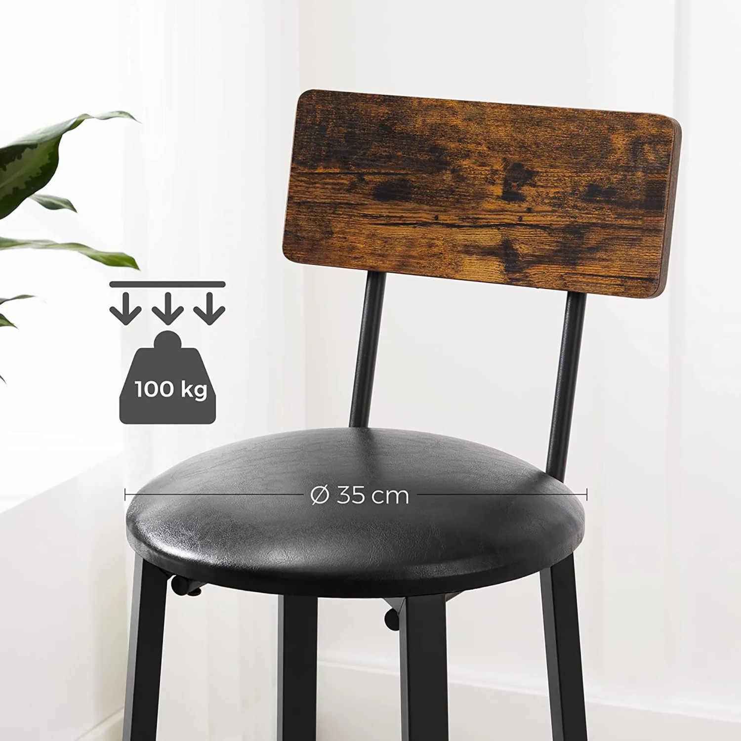 Detailansicht: Vasagle Barhocker 2er Set, braun-schwarz, mit Rückenlehne und PU-Sitz.