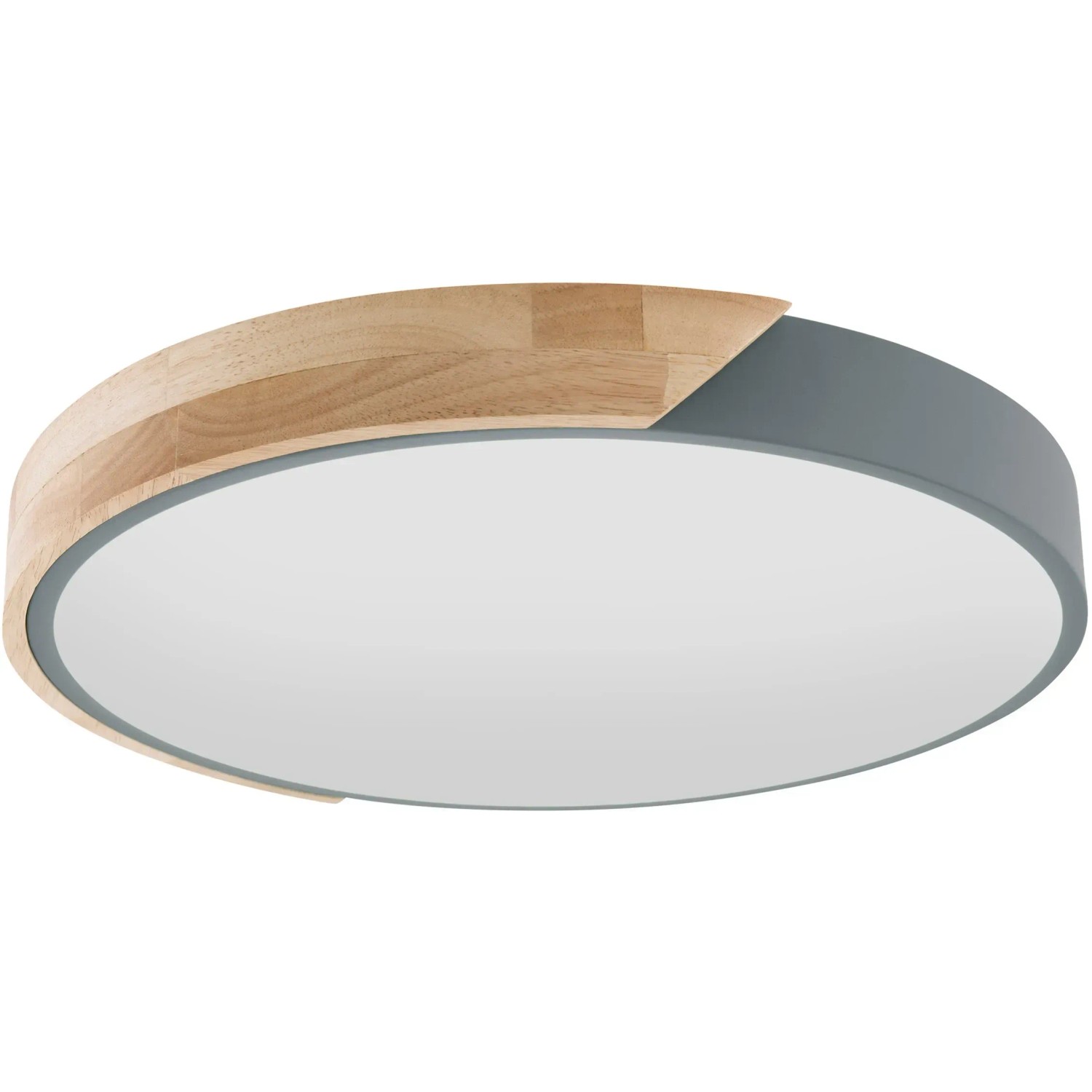 Graue LED-Deckenleuchte Borneo (Ø 31 cm) mit Holz-Akzent für Wohnräume.