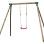 SwingKing Einzelschaukel Analies aus Holz mit rotem Schaukelsitz.