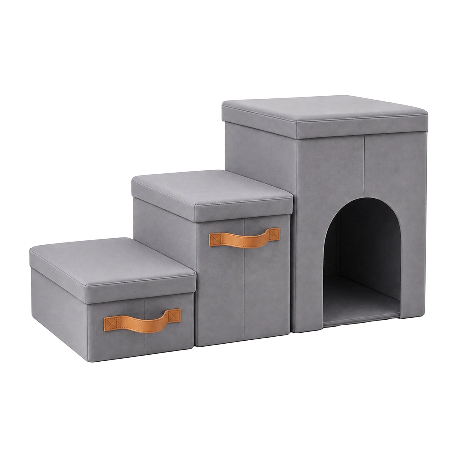 Relaxdays Hundetreppe Polyester Karton Grau Faltbar Rutschfest 3-stufig Mit Höhle 44,5 cm x 78 cm x 33,5 cm