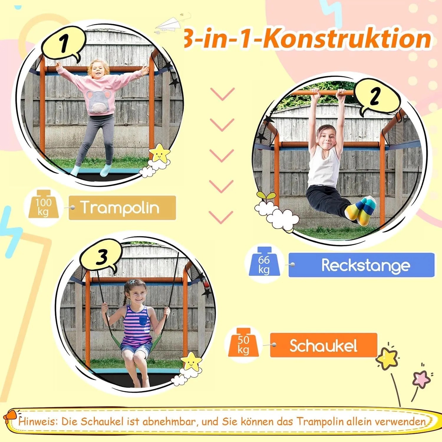 Costway 3-in-1 Kindertrampolin blau-orange mit Schaukel und Reckstange für den Garten.