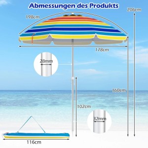 COSTWAY Sonnenschirm Strand, 178 cm, bunt gestreift, mit Maßangaben.