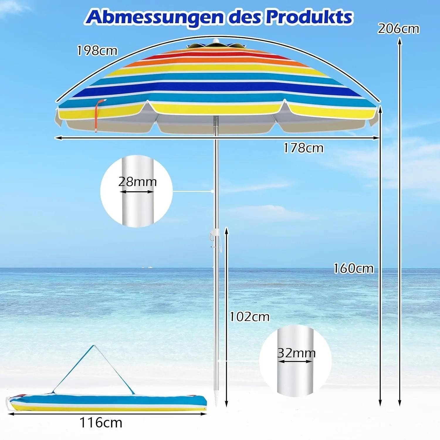 COSTWAY Sonnenschirm Strand, 178 cm, bunt gestreift, mit Maßangaben.