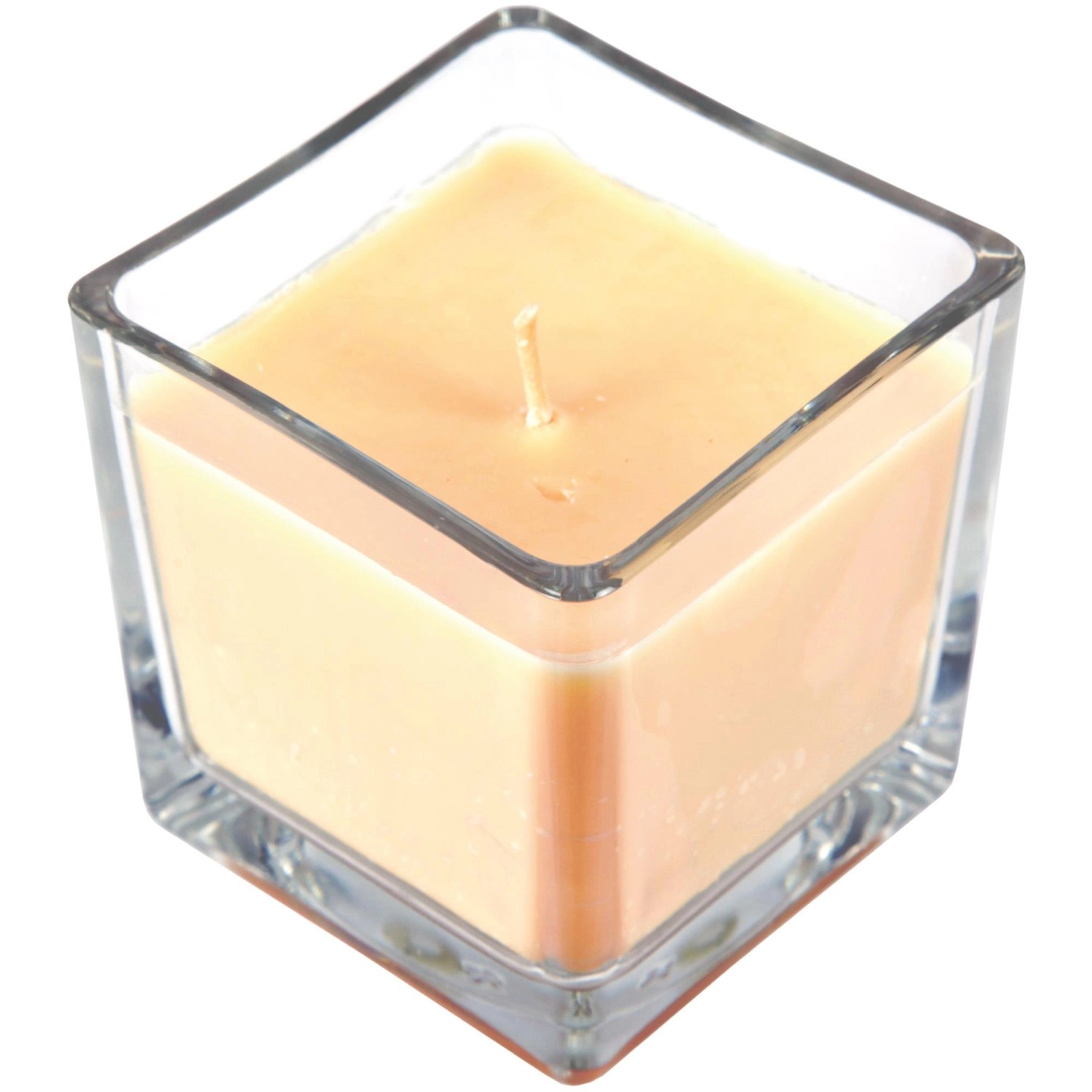 Cremefarbene Duftkerze im Glas, quadratisch, mit Oster-Motiv. Brenndauer 50h.