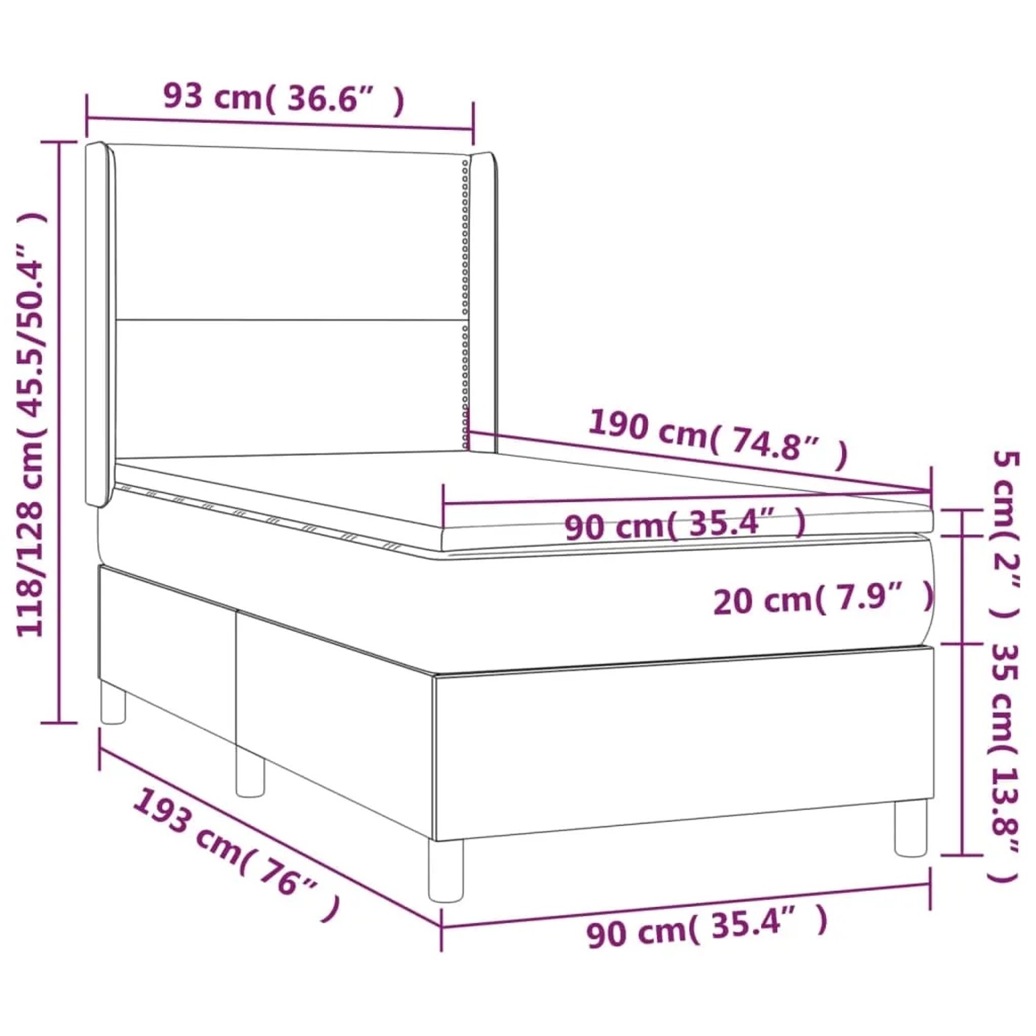 vidaXL Boxspringbett dunkelbraun, 90x190 cm, Stoffbett mit Matratze und Kopfteil, Detailzeichnung mit Maßen.
