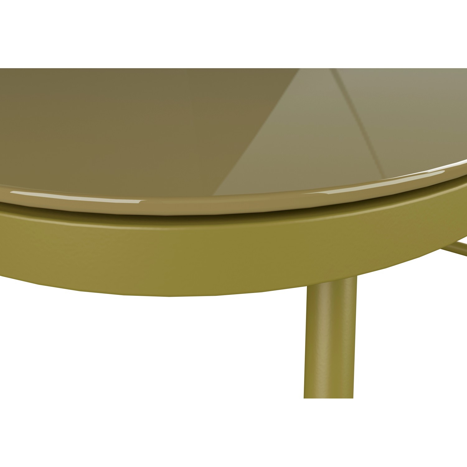 Detailansicht des olivfarbenen Esstischs vom Lounge-Set Scafford mit Glasplatte.