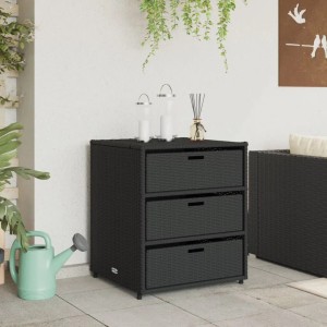 Schwarzer VidaXL Gartenschrank aus Poly Rattan mit drei Schubladen. Universalbox für Gartenbedarf.