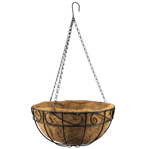 Dekorative Hängeampel, Ø 25 cm, schwarz, mit Kokoseinsatz und Metallketten für Balkon und Garten.