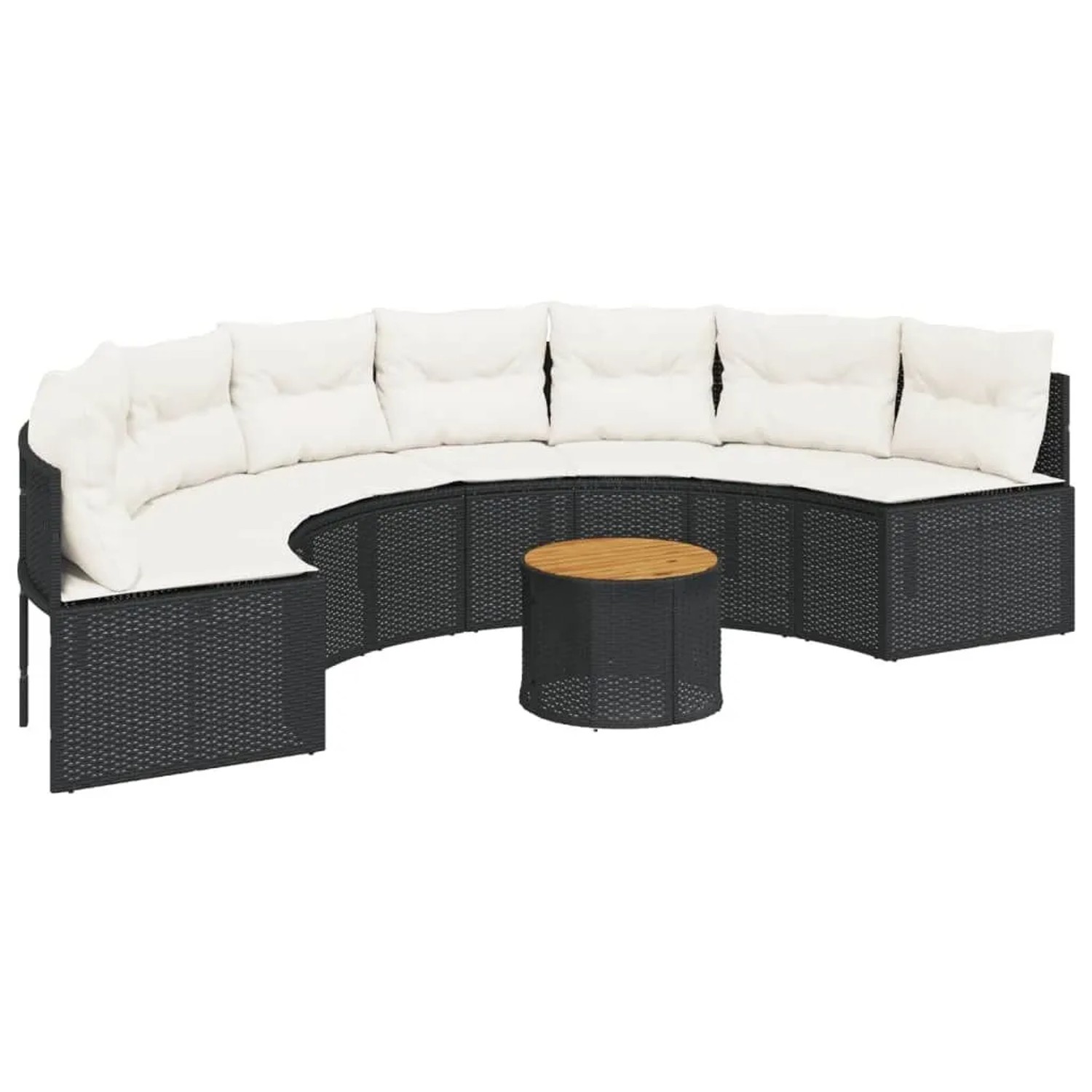 vidaXL Gartensofa mit Tisch und Kissen Halbrund Schwarz Poly-Rattan 3318530