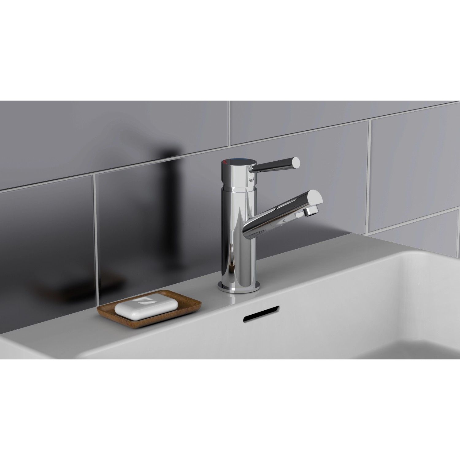 Schütte Waschbeckenarmatur Cornwall Niederdruck Chrom auf weißem Waschbecken.