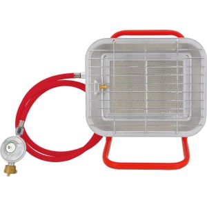 Gasheizer 4,6 kW mit rotem Standfuß, silberfarbenem Gehäuse, Gasregler und Schlauch.