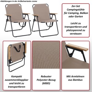 MCW 2er-Set Campingstuhl Q43 Klappbar Bambus Metall Stoff/Textil Creme
