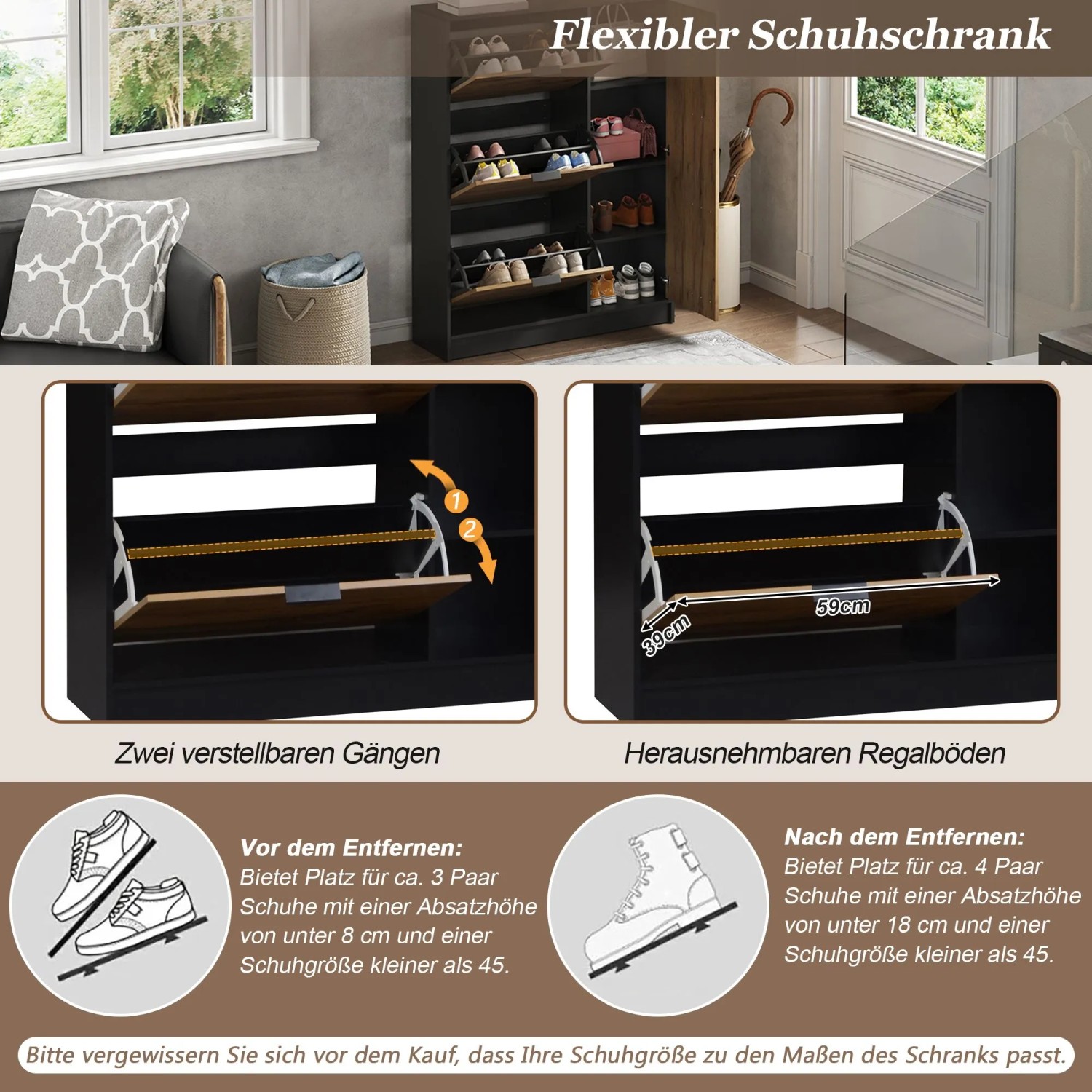 Merax Schuhschrank 100x30x130 cm, Natur Schwarz, mit 3 Klappen und flexiblen, verstellbaren Fächern für Schuhe.