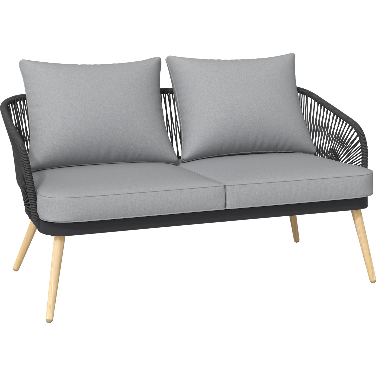 Lounge-Set Edna: 2-Sitzer Sofa mit Seilbespannung, anthrazitfarben mit beigen Kissen.
