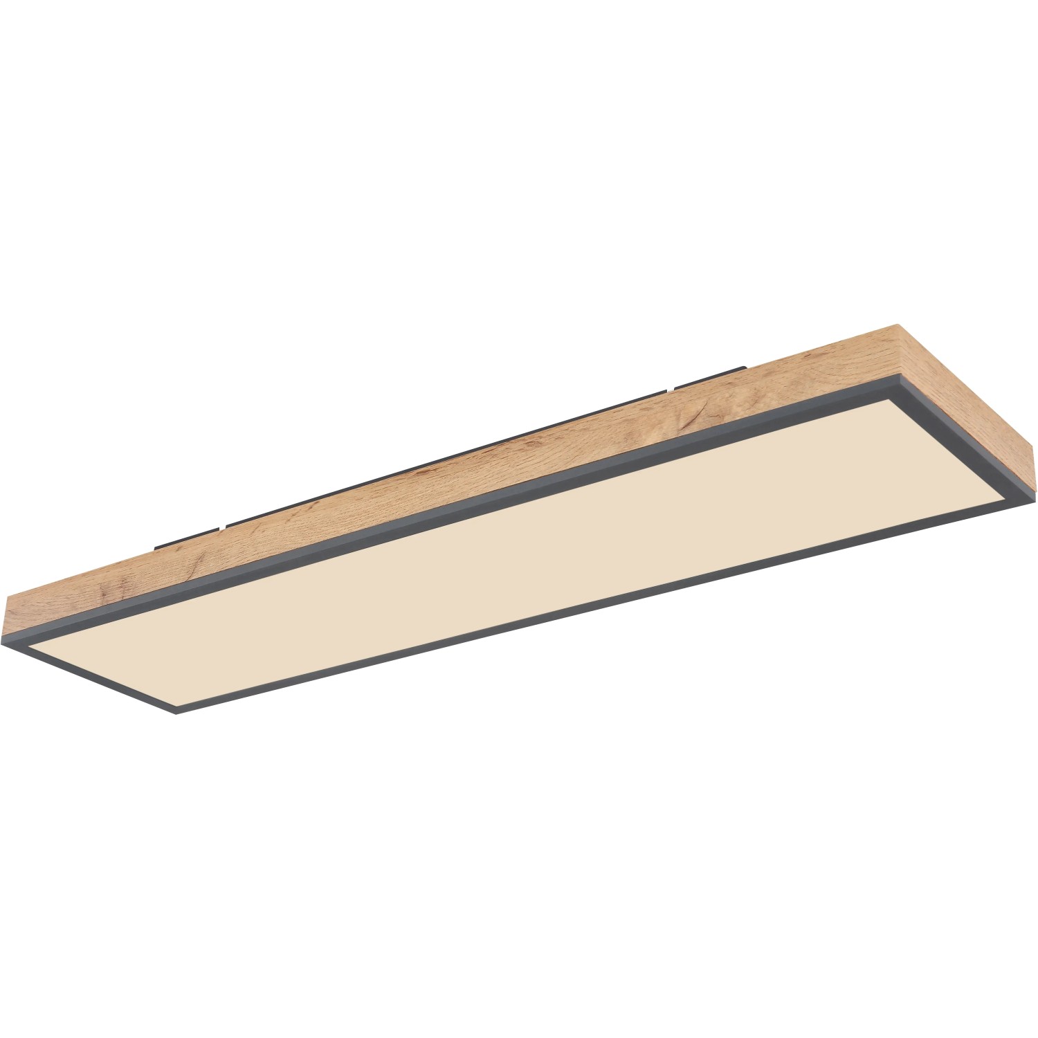 Rechteckige LED-Deckenleuchte Doro mit Holzrahmen und graphitfarbenem Rand.