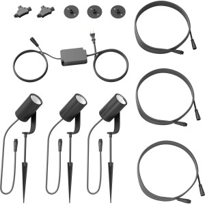 Philips Hue Lily Basis-Set, 3-flammig, schwarz, mit Erdspießen, Kabeln und Zubehör.