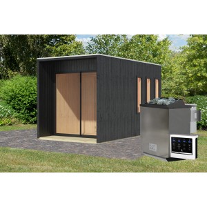 Schwarzes Karibu Saunahaus Cancun Set mit 9 kW Ofen und externer Steuerung.