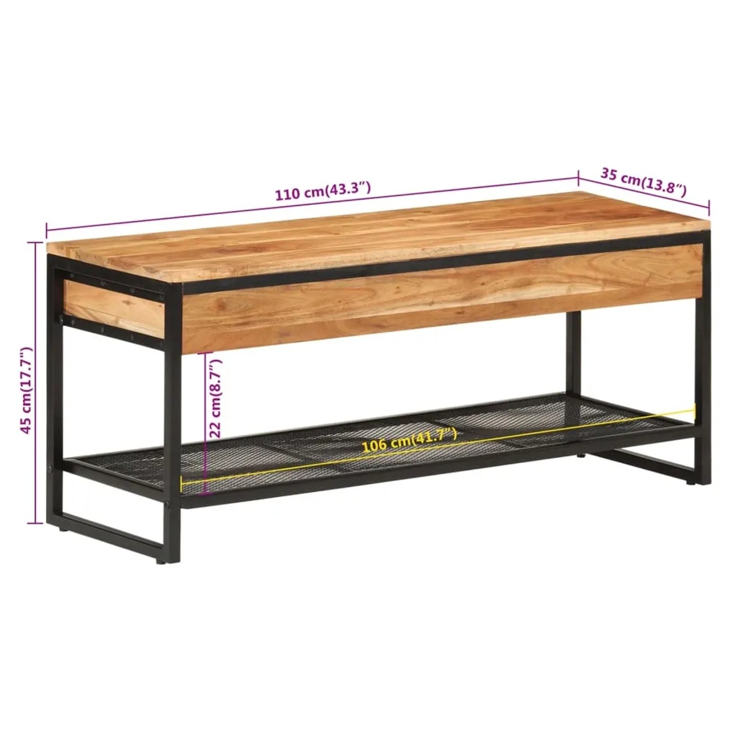 vidaXL Schuhbank 110x35x45 cm Massivholz Akazie und Eisen 372744_7