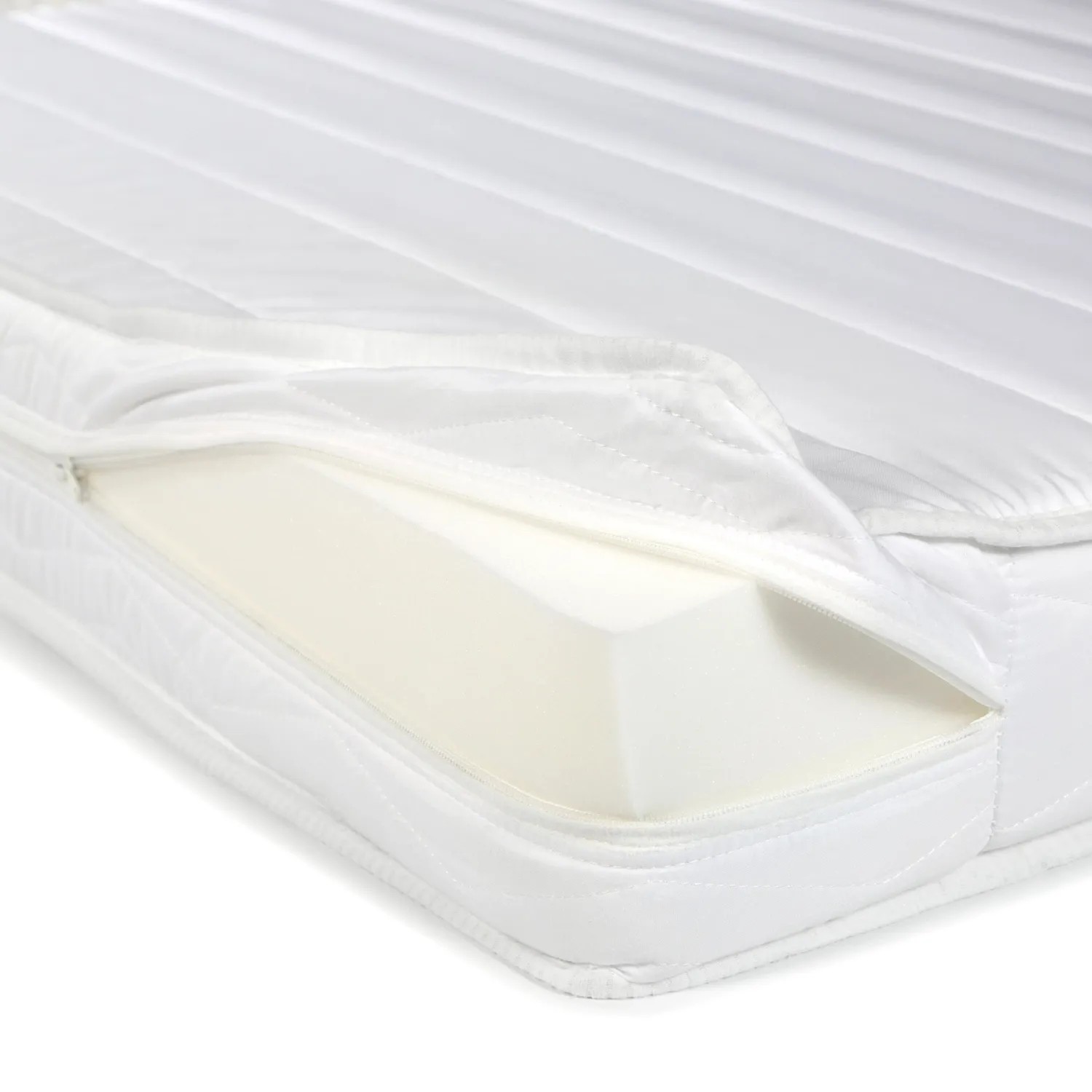 Matratze (90x200) für Palettenbett, Bezug geöffnet, Schaumstoffkern sichtbar.