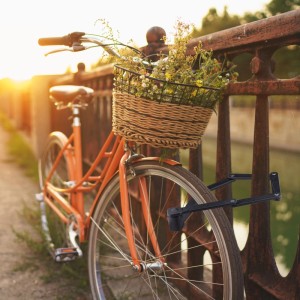 Fahrrad mit Korb und Relaxdays Faltschloss (schwarz) am Geländer. Das Stahl-Gliederschloss sichert das Rad.