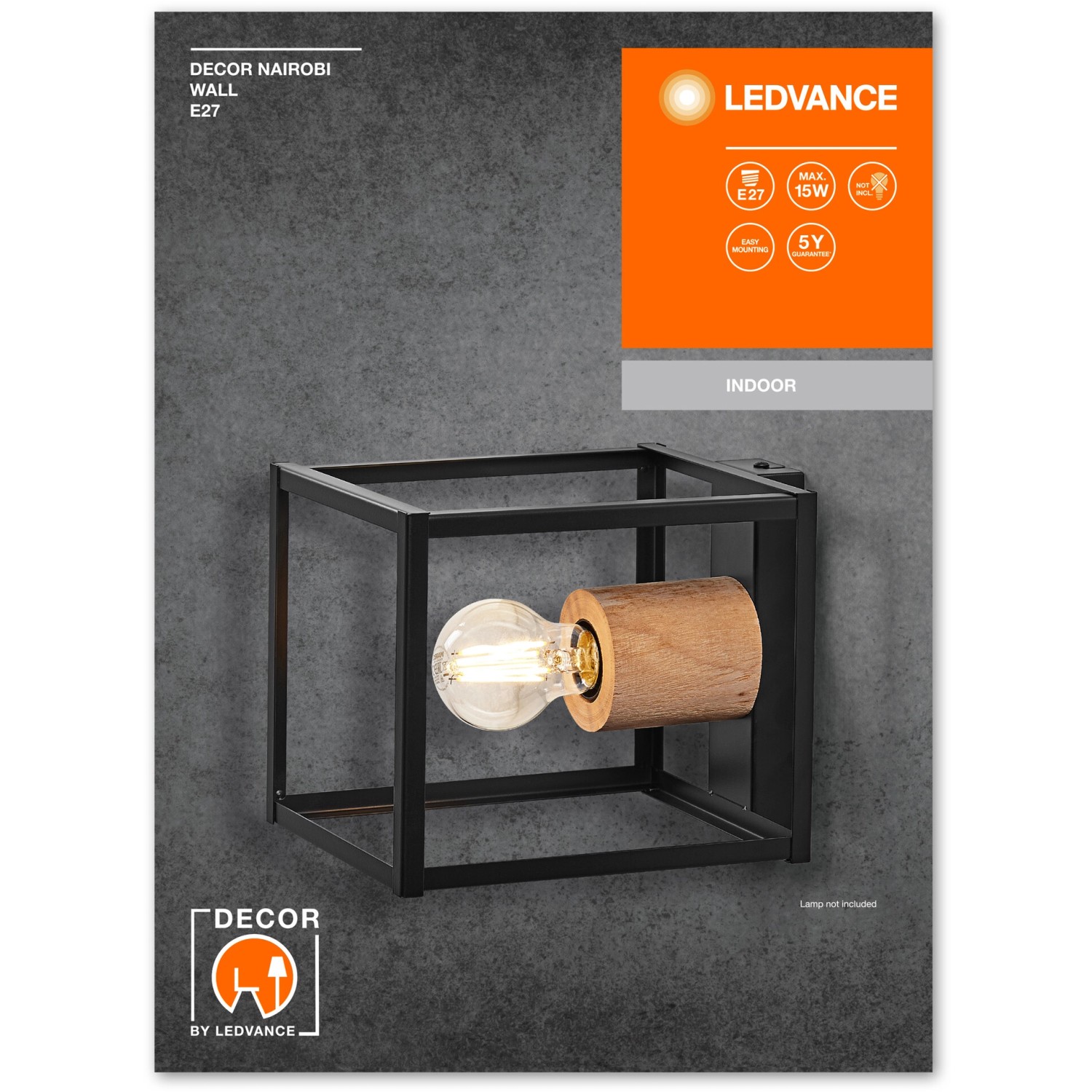 Ledvance Wandlampe Decor Nairobi Schwarz, E27 Fassung, Metall/Holz Design.