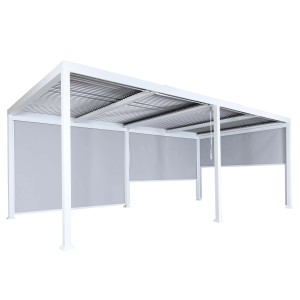 Weiße MCW Alu Pergola L41 mit Lamellendach und 3 Seitenwänden, 3x6m. Ideal als Terrassenüberdachung.
