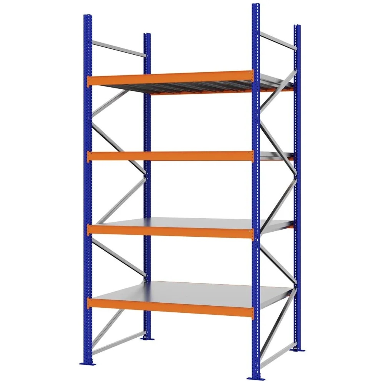 PROREGAL Weitspannregal Schraub-Stecksystem MAGNUS PRO Made In Germany Grundregal 300x150x100cm 4 Ebenen Stahlböden Fachlast 750kg Blau/Orange