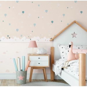 Sanders & Sanders Vliestapete Beige mit kleinen Wolken und Heißluftballons. Dekorative Tapete für Kinderzimmer.
