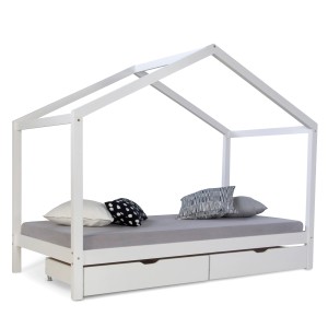 Weißes Homestyle4u Hausbett 90x200 mit Matratze und 2 Bettkästen. Kinderbett im Hausdesign.