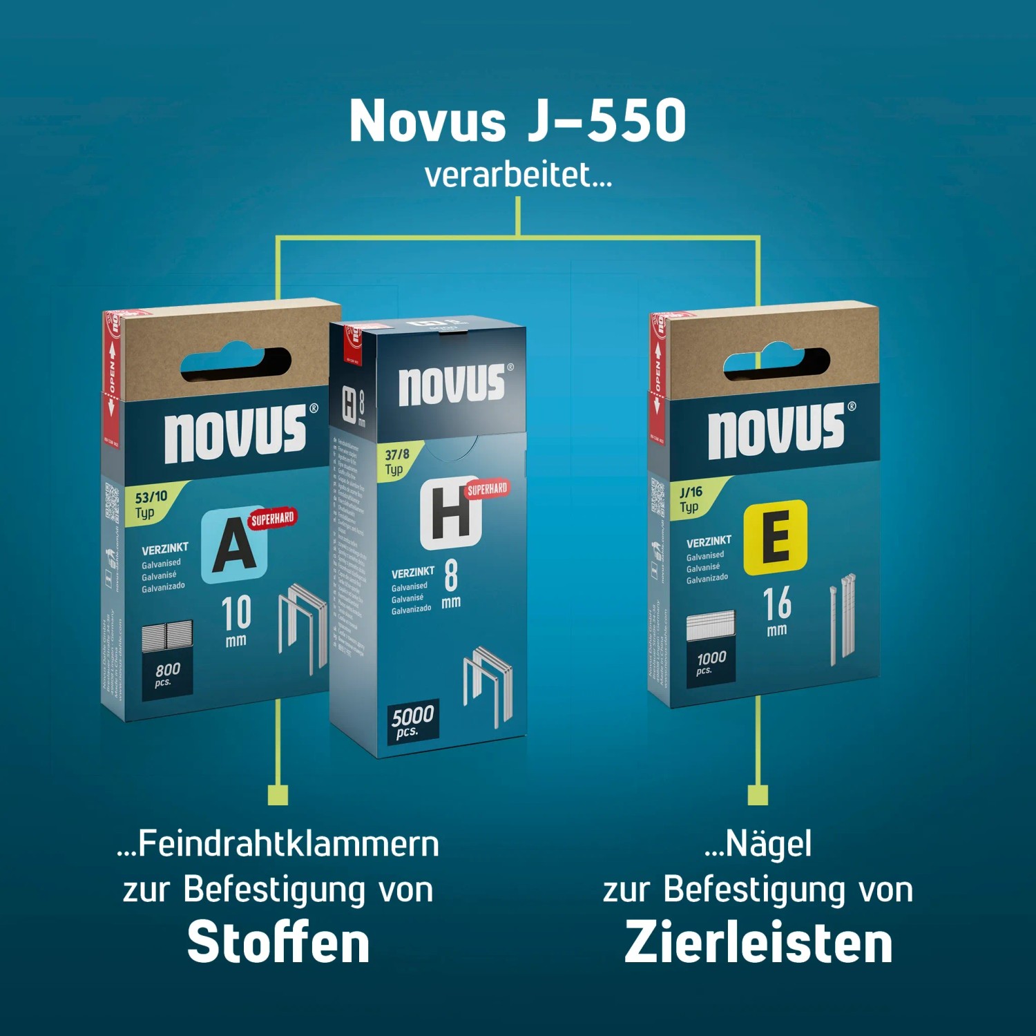 Novus Akkutacker J-550: Klammern und Nägel für Stoffe und Zierleisten.