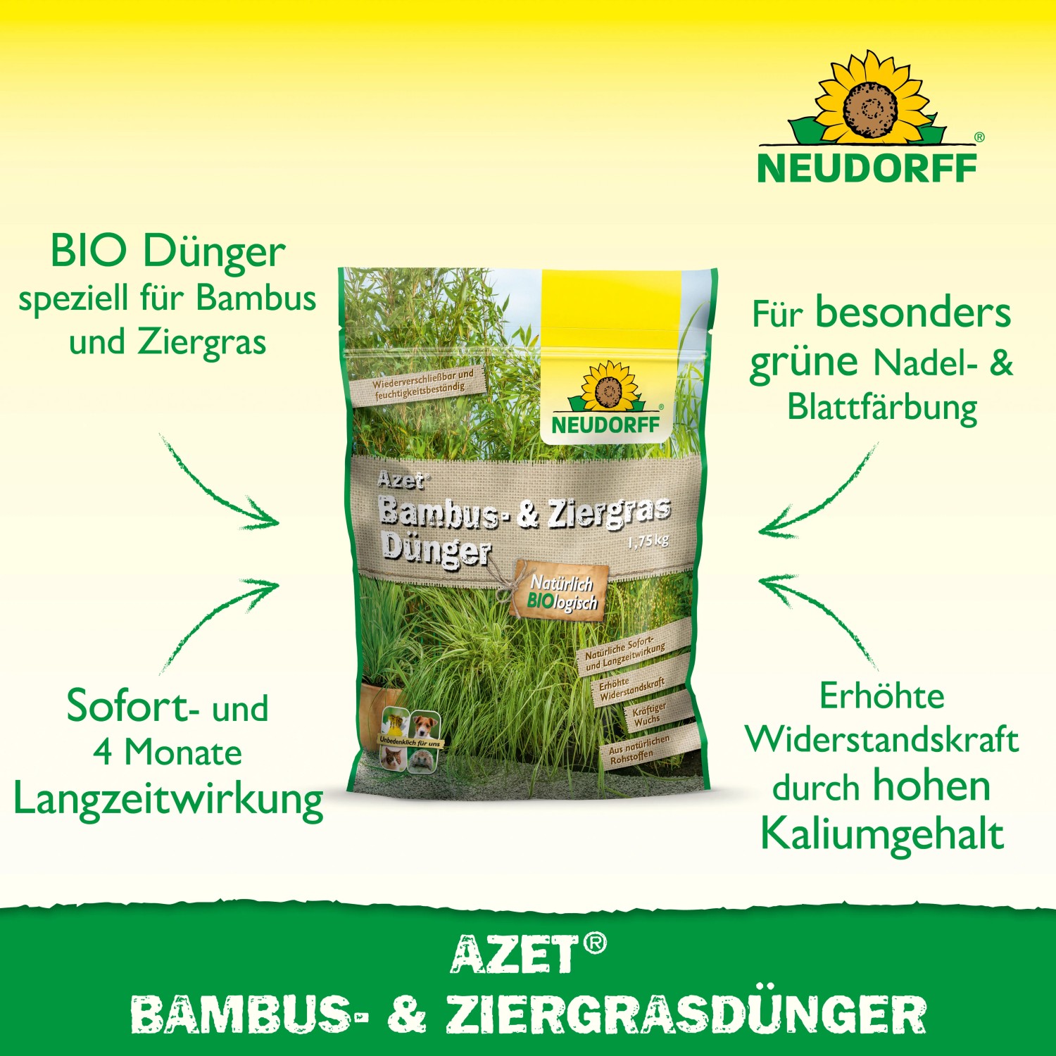Neudorff Azet Bambus- und Ziergras-Dünger 1,75kg Packung für kräftiges Wachstum und grüne Blätter.