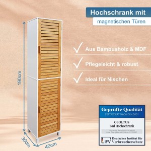 osoltus Bad Hochschrank Aarhus, 190 cm, weiß mit Bambus-Lamellentüren. Schmaler Wandschrank für Nischen, 6 Fächer.