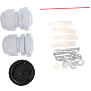 Zubehör für LED-Feuchtraumleuchte: 2 Kabelverschraubungen M20, Dübel, Schrauben, Unterlegscheiben.