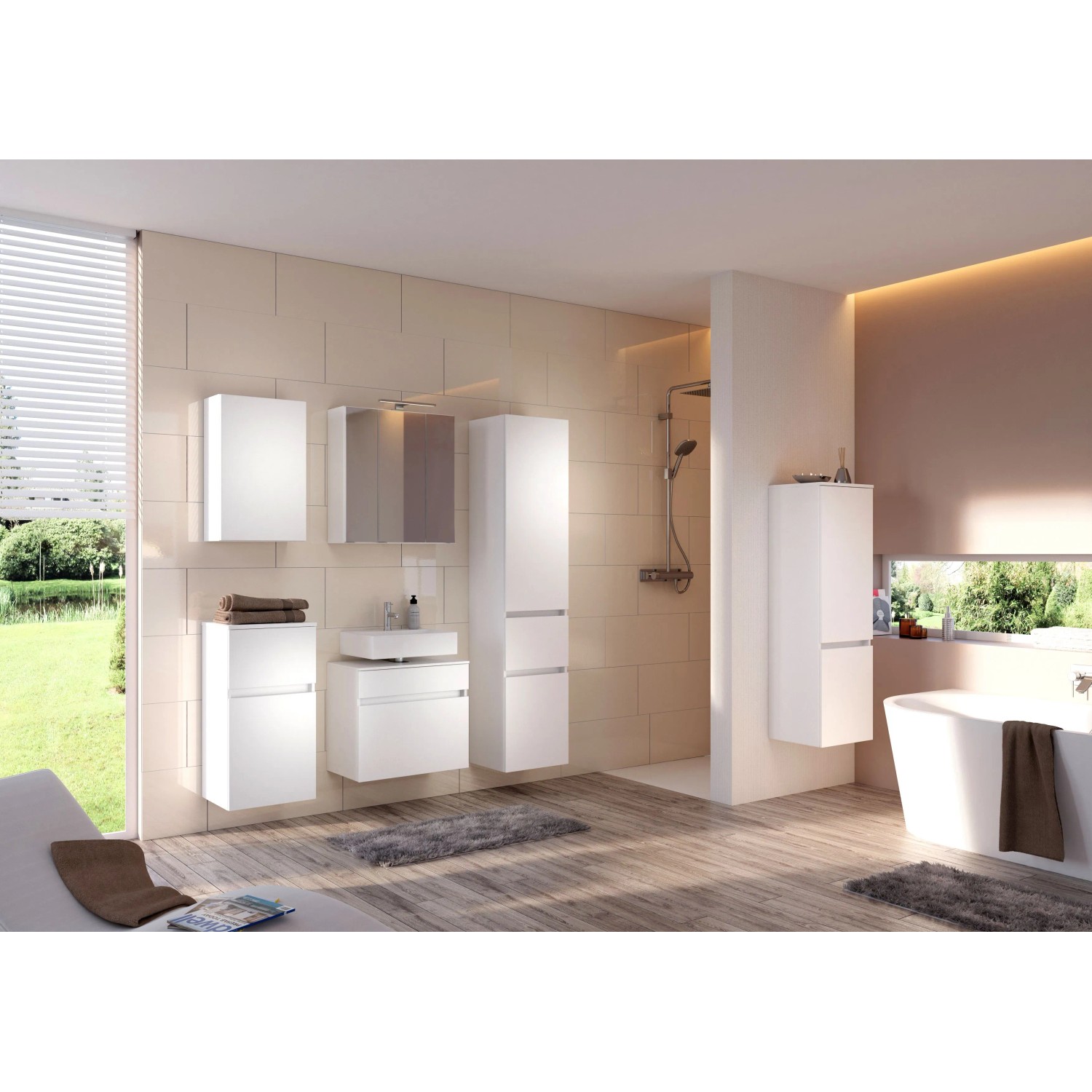 Modernes Badezimmer mit weißem Held Möbel Bad-Midischrank Verona (40 cm) und weiteren Badmöbeln.