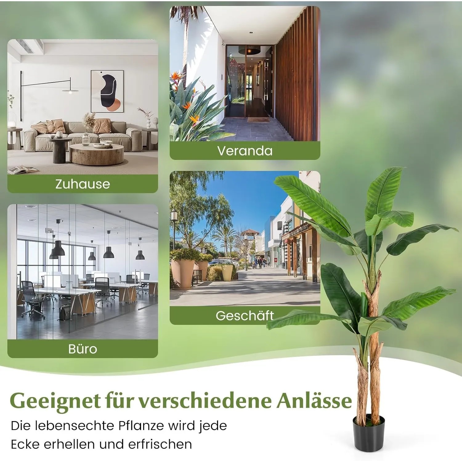 Costway 165 cm Kunstpflanze Tropische Palme mit grünen Blättern im Topf, vielseitig einsetzbar in Zuhause, Büro, Veranda, Geschäft.