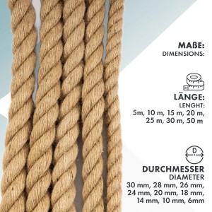 Karat Juteseil, Ø 26mm, 10m Länge. Naturfarbenes, robustes Seil für Sport, Basteln und Deko.