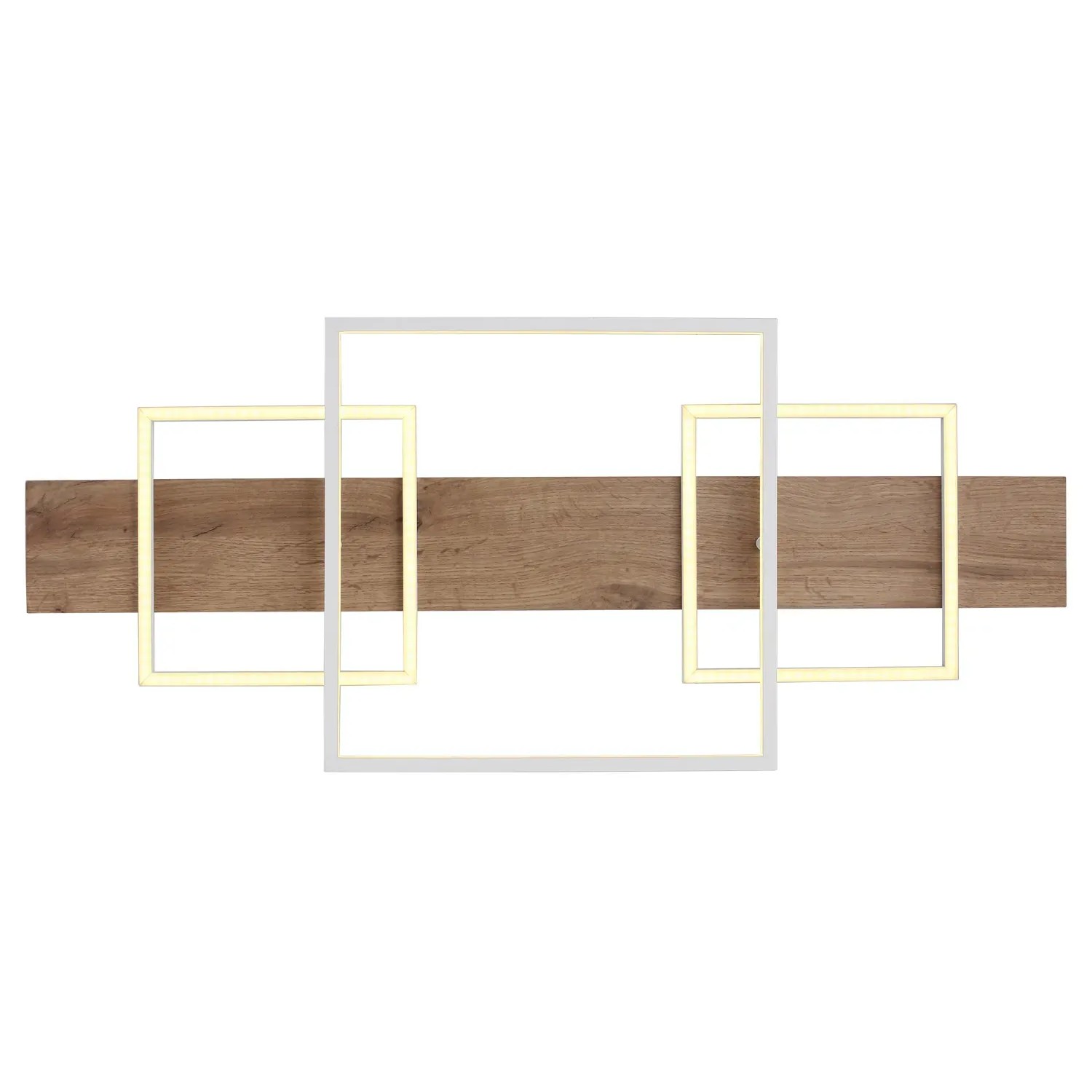 Moderne LED-Deckenleuchte Vanni in Holzfarben/Weiß, 95x40 cm, mit drei Leuchtquadraten.