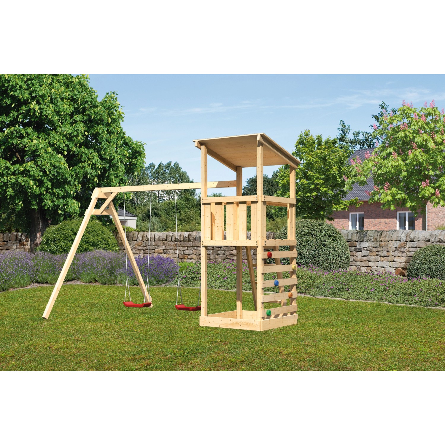 Karibu Spielturm Anna Satteldach Doppelschaukel Kletterwand