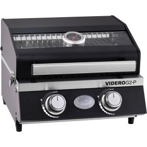 Schwarzer Rösle Gasgrill BBQ-Portable Videro G2-P mit Thermometer und Edelstahl-Elementen.