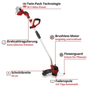 Einhell Akku-Rasentrimmer GP-CT 36/35 Li BL-Solo: Akku-Trimmer mit 35 cm Schnittbreite.