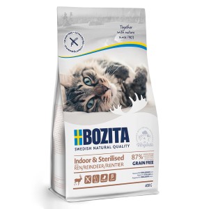 Bozita Katzen-Trockenfutter Indoor & Sterilised Rentier, getreidefrei, 400g Packung.