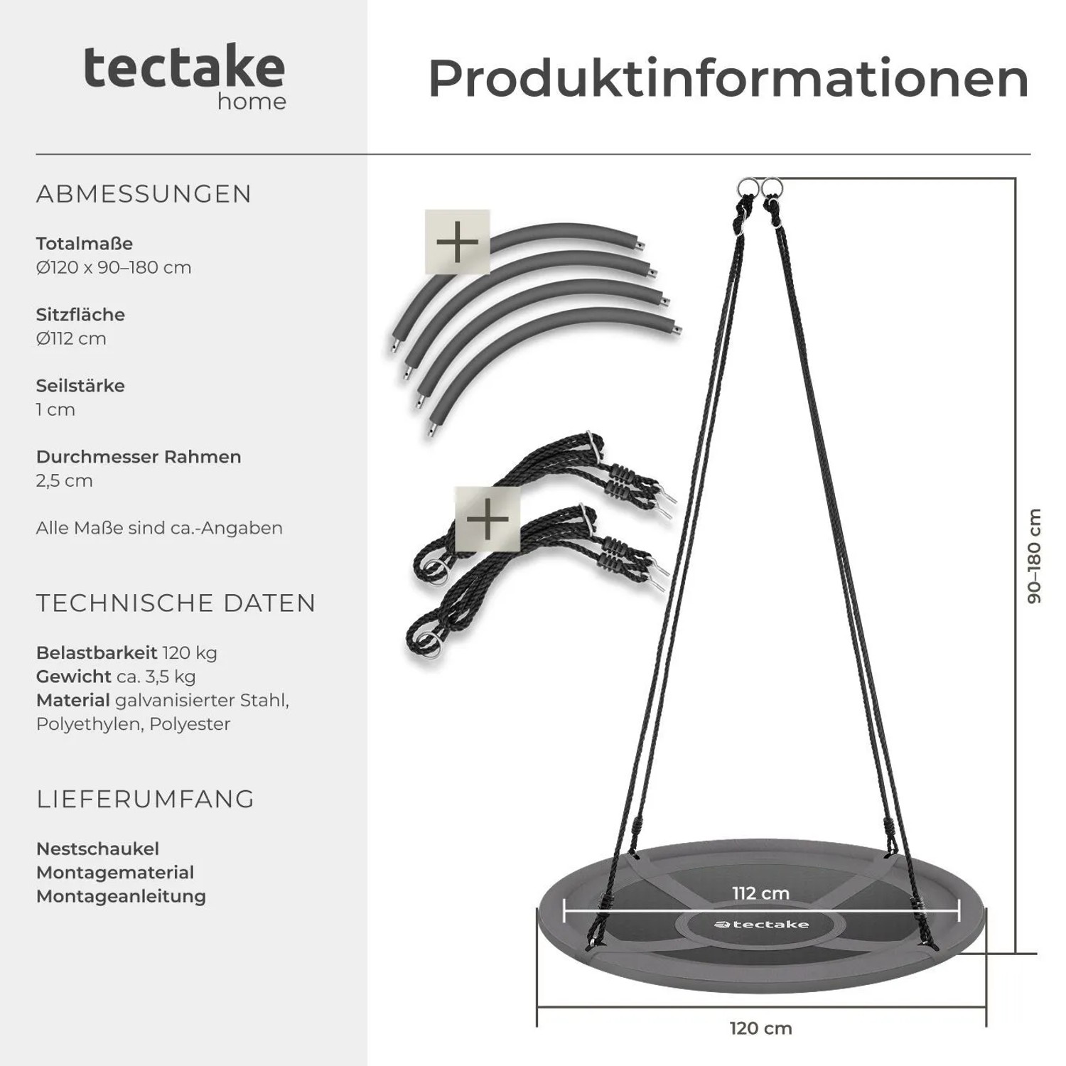 Tectake Nestschaukel Swayer, grau-schwarz, mit Maßangaben und Lieferumfang.