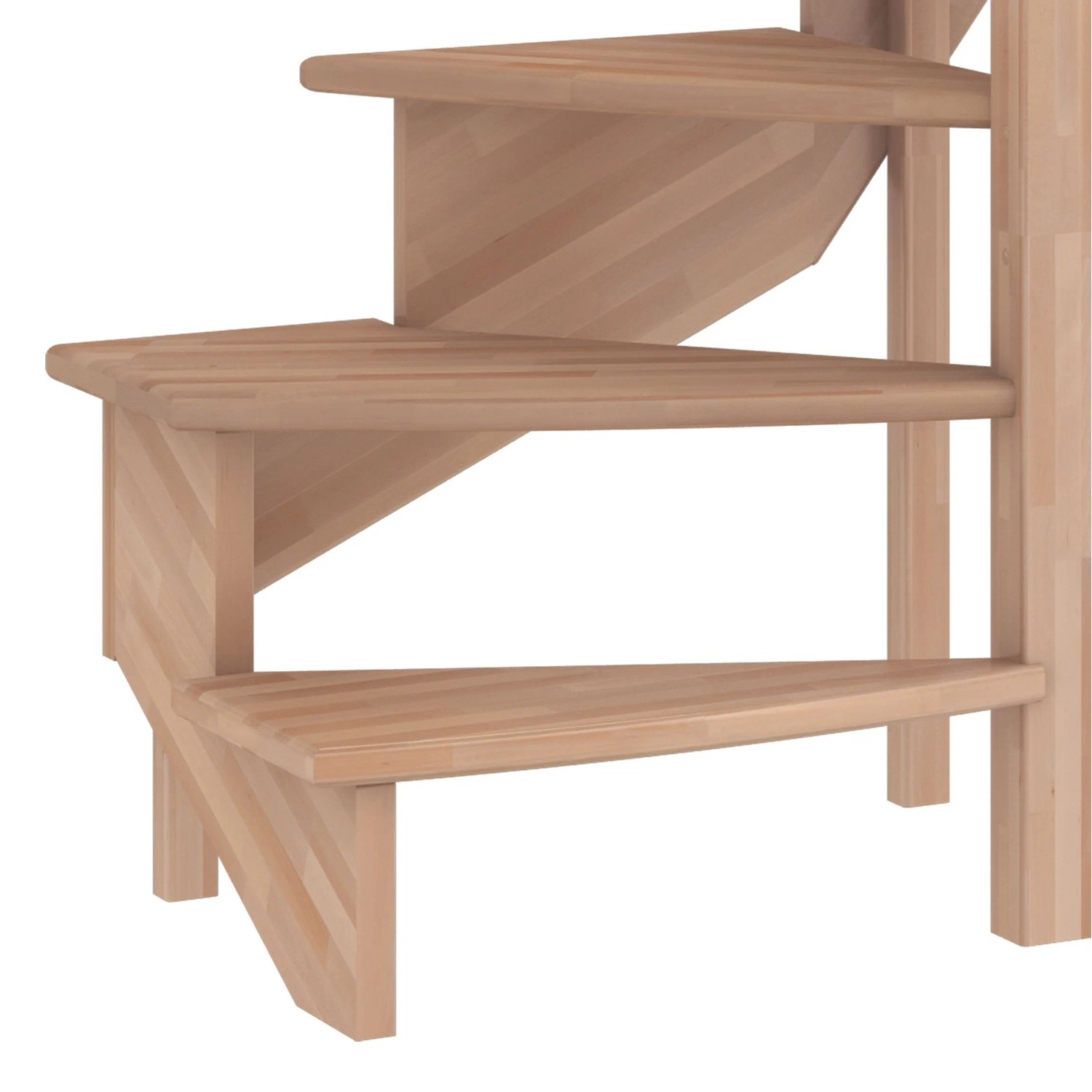 Dolle Raumspartreppe Lyon, Buche, 1/4-gewendelt, mit Holzgeländer. Detailansicht der Holzstufen.