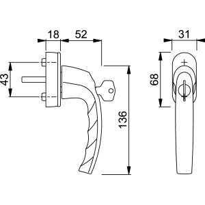 Technische Zeichnung: Hoppe Fenstergriff Atlanta, verkehrsweiß, abschließbar, mit Maßangaben.